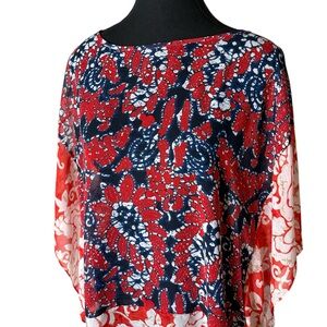MICHAEL KORS Floral Sheer Chiffon Blouse Kaftan Top Flowy Kimono Sleeves Sz S/M